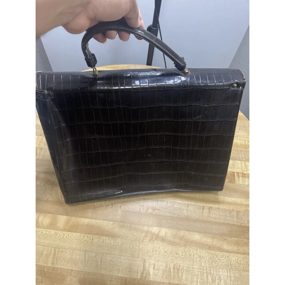 BROWN CROCO PRINT FAUSE LEATHER‎ VINTAGE CELEBRITY 2 POCKETS FLAP BRIEFCASE